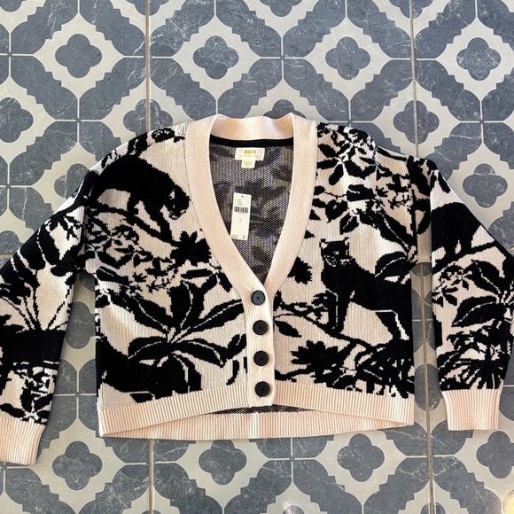 Maeve Sweaters - Anthropologie Black and Cream Floral Cat V-Neck Button Cardigan Sweater